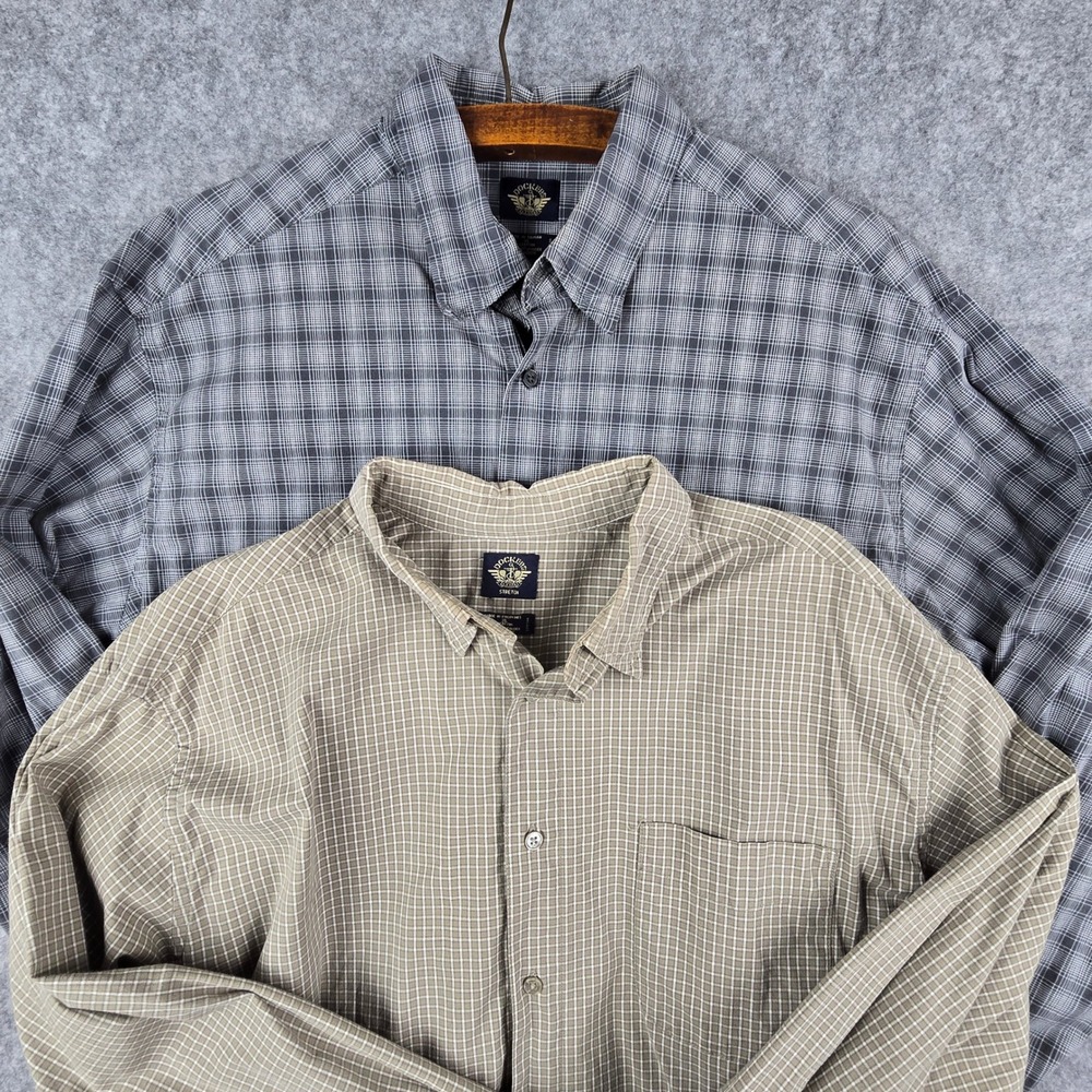 2 Dockers Mens XL Plaid Button Down Shirts Bundle Stretch Long Sleeve Grey Green